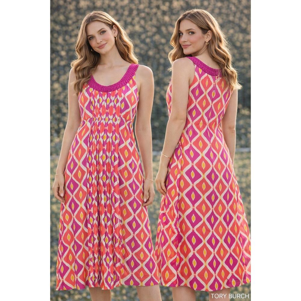 Tory Burch Silk Geometric Print Sleeveless Midi Dress Pink Orange Sz 8‎